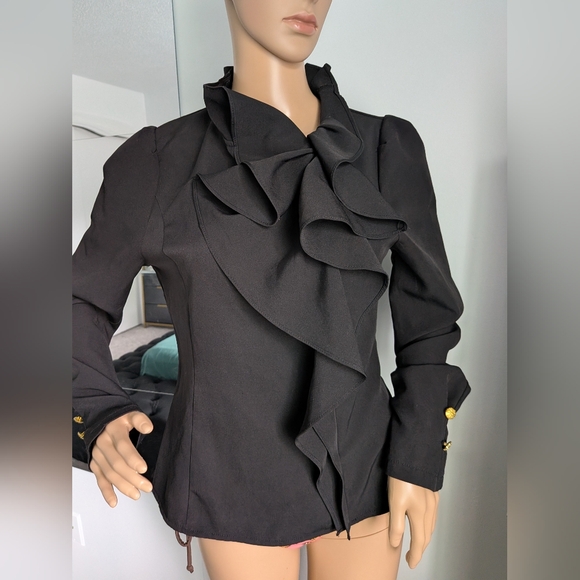 Gracia Black Ruffle Long-sleeve Blouse, Size M- Excellent Condition! Gold Detail - Picture 12 of 13